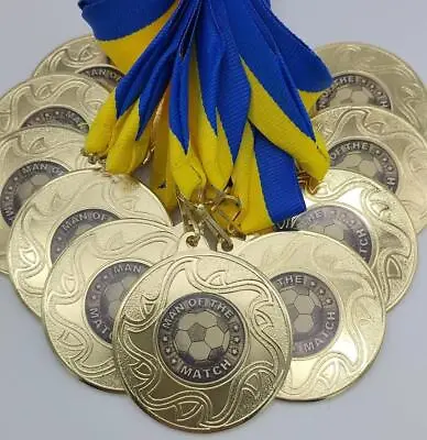 10 X Man Of The Match Medals With Yellow & Blue Ribbons Gold Football Medal • £14.50