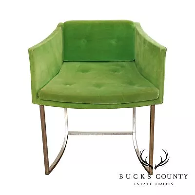 Mid Century Modern Chrome & Green Velvet Armchair • $395