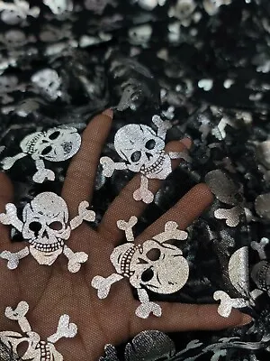 Silver Metallic Pirate Skull Halloween Black Stretch Mesh Fabric By The Yard  • $12.99