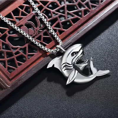 Mens Boys Girls Shark Fish Pendant Necklace Stainless Steel Chain Set • $1.39