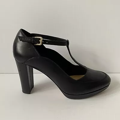 Clarks Black Leather Kenrda Daisy T Bar Court Shoes High Block Heel Size 4.5 D • £24.99