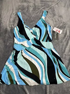 NWT Maxine Of Hollywood Blue Retro Wave Skirted One Piece Swim Dress 22W • $44.99