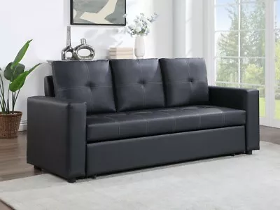 Modern Living Room Black Sofa With Pullout Sleeper 1pc Tufted Seat Back PU • $825