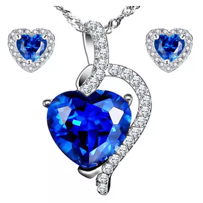 Sterling Silver Heart Shape Simulated Blue Sapphire Pendant Necklace Earring Set • $49.99