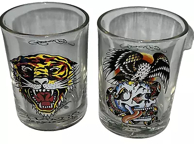 Vintage DON-ED HARDY [Set Of 2] 4.25  Highball/Cocktail Glasses- Skull & Tiger • $14.99