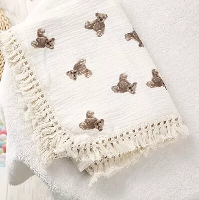 Little Teddy Bear Organic Cotton Neutral Baby Muslin Tassel Blanket Swaddle Gift • £10.99