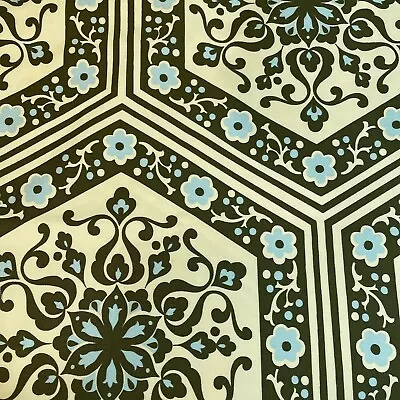 Cream Light Brown Blue Floral Flowers Medallion Drapery Fabric 1.5 Yards • $20