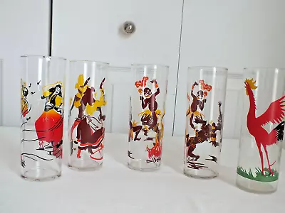 5 Vintage Dancing Tiki Bar Barware Americana High Ball Glasses Cowboy Rooster • $75