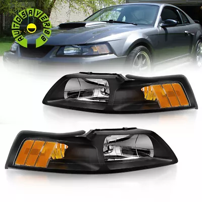 Headlights Replacement Headlamps For 1999-2004 Ford Mustang Black Amber Corner • $59.99