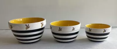 Terramoto Nesting Bowl Set Of 3 Black White Stripe Yellow Bees Mix Serve Dip Fun • $19.99