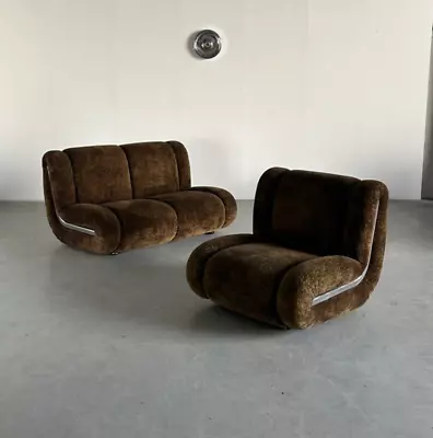 Vintage Space Age Modular Sofa Set In Brown Velvet Attributed To 1P Italy • $5175