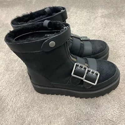 UGG Boots Size 6 Black Classic Moto Punk Mini Bomber Suede Platform Ankle • $145