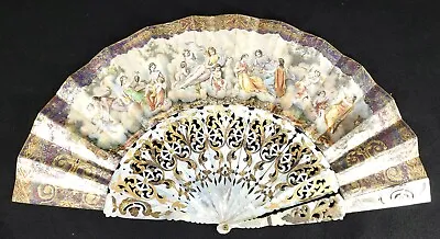 Antique Hand Fan Mother Of Pearl Hand Painted On One Side Litho On The Other • $375