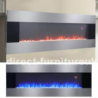 2023 New 50/60 INCH LED FLAMES Toughened Glass WALL Mounted ELECTRIC FIRE Remote • £199.95