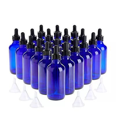 24 Count 4 Oz Blue Glass Dropper Bottles & 6 Funnels For Essential Oils 120 Ml • $34.79