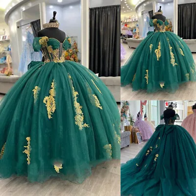 Green Quinceanera Sweet 15 16 Dresses With Bow Gold Appliques Pageant Ball Gowns • $143.81