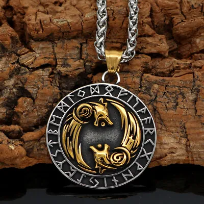 Men's Vintage Stainless Steel Nordic Viking Runes Wolf Pendant Necklace Amulet • $6.96