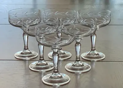 Set Of 6 Vntg. Etched Crystal 6 Oz. Tall Champagne/Sherbet Glasses Leaf Design • $34.99