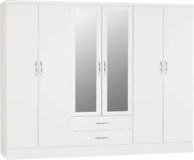White Gloss 6 Door 2 Drawer Wardrobe + Mirrors L230cm X D52cm X H182.5cm NADINE • £389