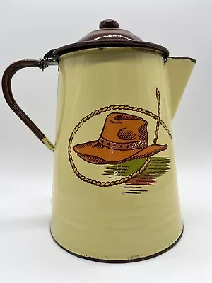 MONTERREY WESTERN WARE Coffee Pot Chuck Wagon Double Cloud Scene Enamelware • $139.99