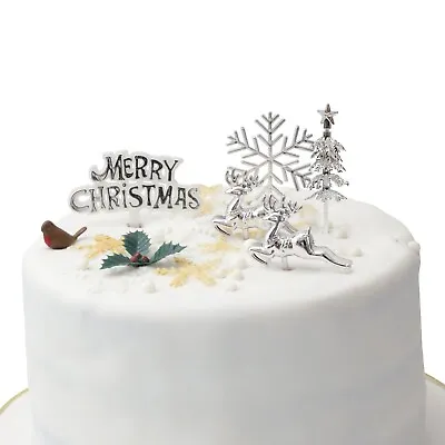 £4.99 • Buy 7 Piece SILVER SET Merry Christmas Cake Decorations Yule Log Cupcake Toppers