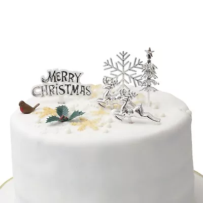 7 Piece SILVER SET Merry Christmas Cake Decorations Yule Log Cupcake Toppers • £4.99