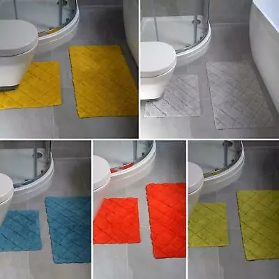 £9.95 • Buy 2 Piece Bath Mat Pedestal Set Diamond 100% Cotton Bath Toilet Bathroom Mats
