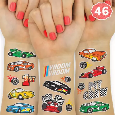 Race Car Party Supplies Temporary Tattoos - 46 Foil Styles | Racecar Birthday P • $31.99