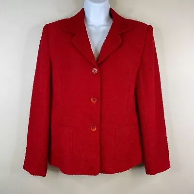 Vintage Womens BOUCLE Jacket Sz 8 Red WOOL Blend Button Up Long Sleeve Career • $46.88