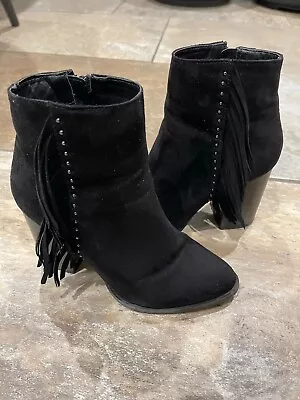 £4 • Buy Ladies Red Herring Black Suede Ankle Boots With Fringe And Stud Detail, Size 3