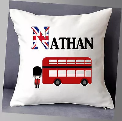 PERSONALISED NAME CUSHION COVER 16 X16  CHILDREN LONDON RED BUS SOLDIER • £9.50