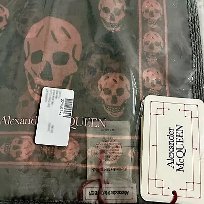 NWT Alexander McQueen Classic Sheer Silk Skull Print Pink & Gray Logo Scarf • $174.99