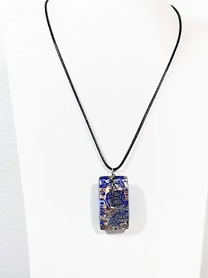 Vetro Murano Italy Blue Dichroic Glass Bar Pendant Black Cord Necklace 18 Inches • $13.99