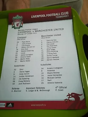 Liverpool V Man Utd Football Teamsheet. Premier LG. 15.10.2011. Excellent Cond • £1.50