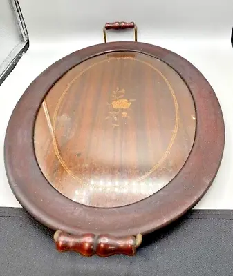 Vtg Oval Wooden Serving Tray Inlaid Wood Glass Overlay W/Wood Handles 13  X 20  • $25