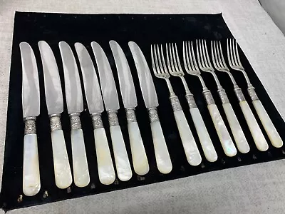 13 Piece Vintage Silverware Mother Of Pearl Handles Sterling Band Knife & Fork • $84