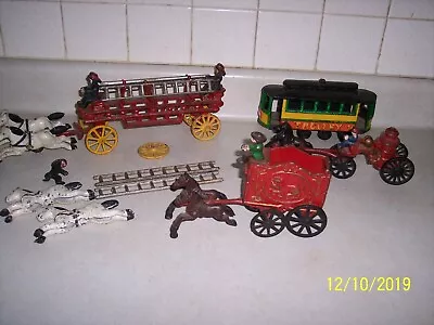 Vintage Lot Of Cast Iron Toys Horse Drawn Fire Engines Wagon And Trolley Car • $125