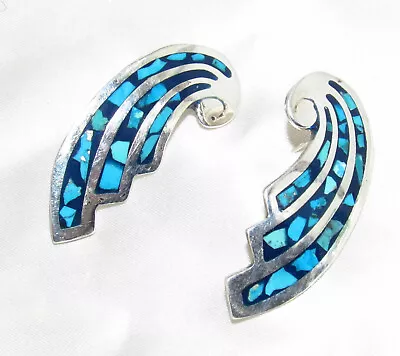 $22 • Buy Vintage Sterling Silver Taxco Turquoise Inlay Fan Post Earrings