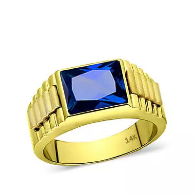 Man Blue Sapphire Statement Solid Fine 14k Yellow Gold Men's Heavy Wide Ring • $734