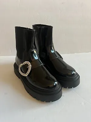 New Zara Kids Girls Black Booties With Rhinestone Heart SZ 4 USA SZ 36 EUR • $33