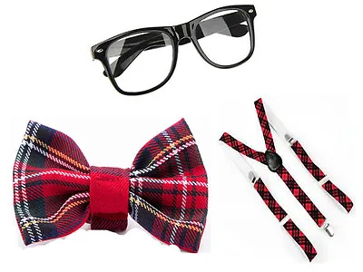 School Girls Red Tartan Nerd Geek Glasses Bow Tie Squad Set Fancy Dress Costume • £7.98