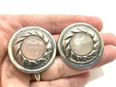 Mexico TAXCO TR-126 Modernist Sterling Silver Rose Quartz Scroll Large Earrings • $34.99