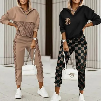 £50.54 • Buy Fashion Women Tracksuit Plaid Print Zipper Hooded Top Pants Two Pieces Set Suit