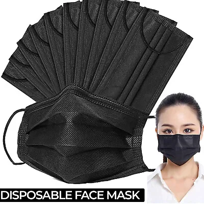 100 PCS Disposable Face Mask Non Medical Surgical 3 Ply Ear Loop Black Masks USA • $6.99
