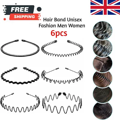 6PCS Black Metal Sports Hairband Headband Wave Alice Style Hair Band Men Women • £5.29