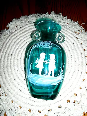 RARE 8  Westmoreland MARY GREGORY STYLE TEAL VASE Swirl HANDLES • $45.95