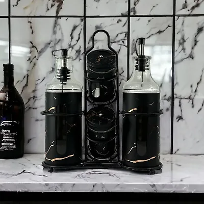 Salt & Pepper Set With Oil And Vineger Set Black Marble • £16.99