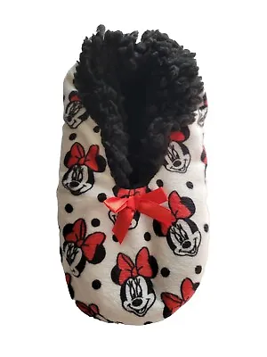 NWT Disney M/L 13-4 MINNIE MOUSE Fuzzy Babba Slipper Socks Red Black White Bows • $9.19