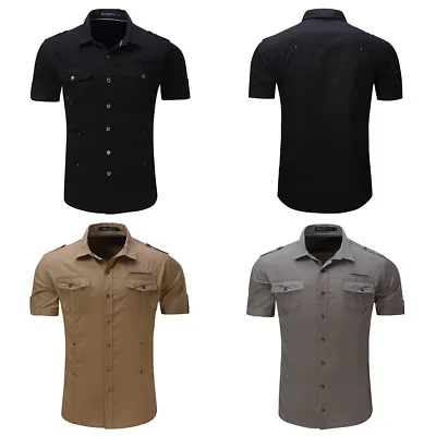 Mens Military Shirt Short Sleeve Double Pocket Casual Epaulet Shirt Cotton Tops • $21.37