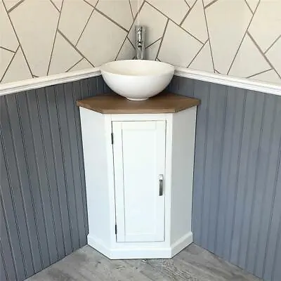 Cloakroom Corner Bathroom Vanity | White Unit Oak Top Ceramic Basin   • £309.26